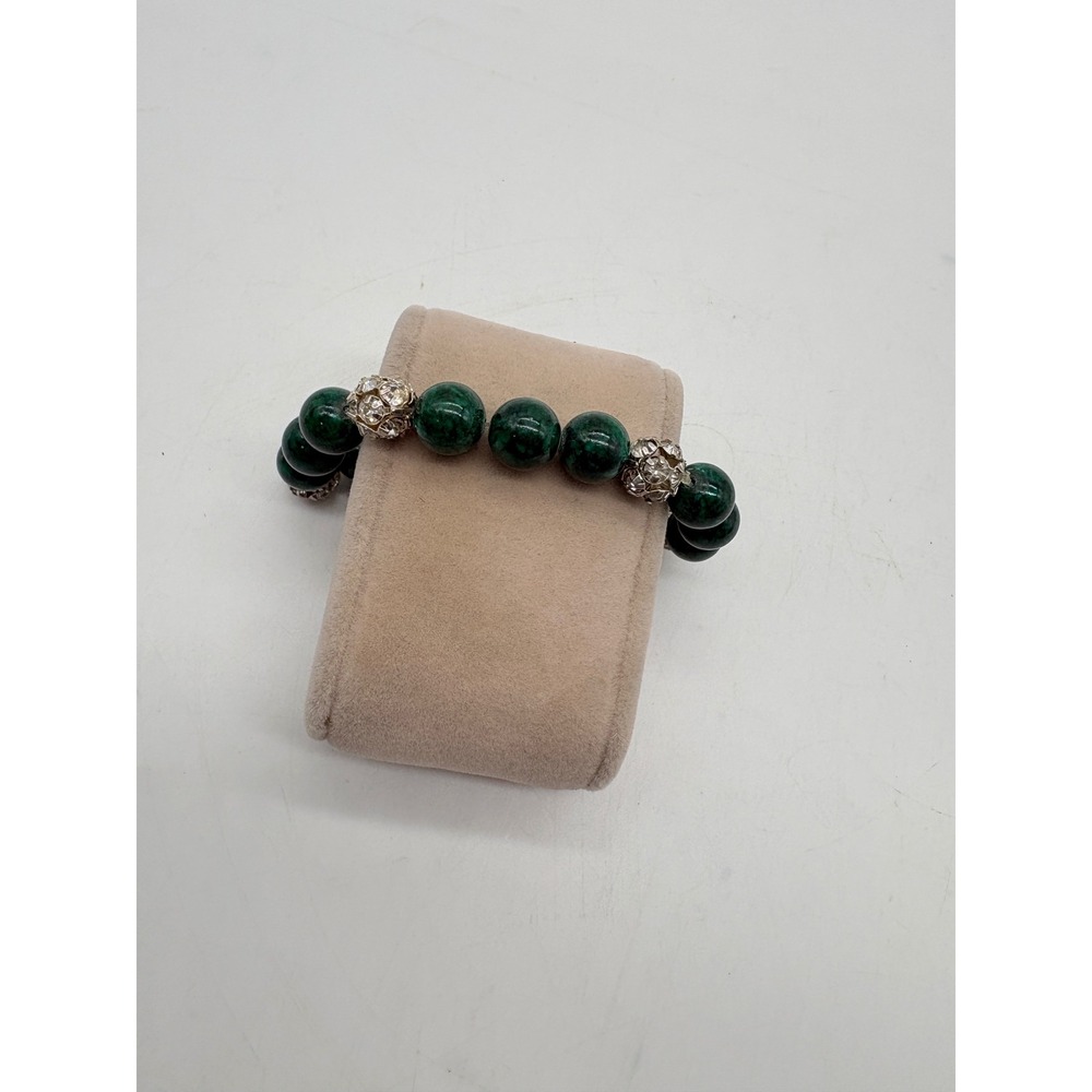 Green Beaded Stretch Bracelet Silver Rhinestone Filigree‎ Accents